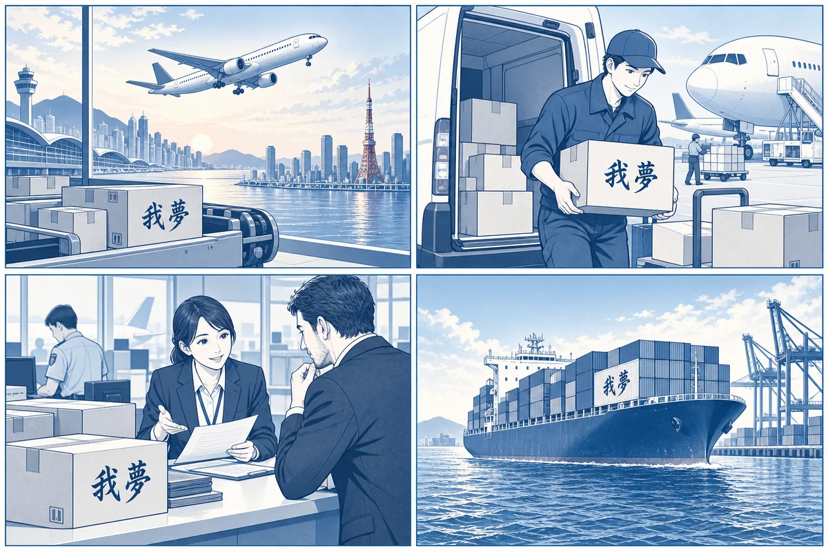 OCS航空便・国際宅配便・DDP直送・コンテナ船便の各輸送特徴を比較解説するイラスト